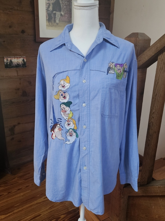Disney Tops - Vintage 1990 Disney Light Blue Button-Down Shirt with Seven Dwarfs Embroidery